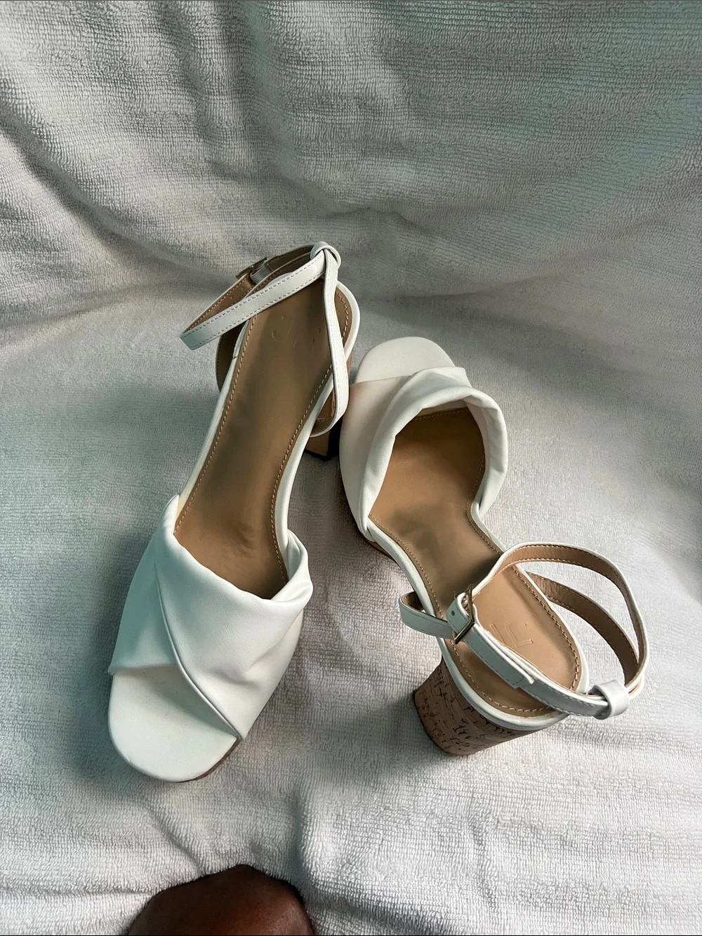 JustFab White Cork Platform Ankle-Strap Heels Size 9.5 White Block Heels